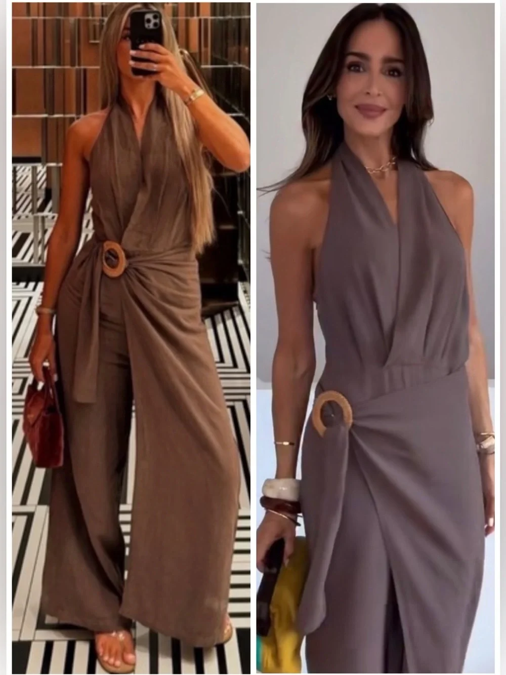 Zara Rami Jumpsuit Halterneck Crossover V-Neck Pareo w Buckle Open Back Brown L
